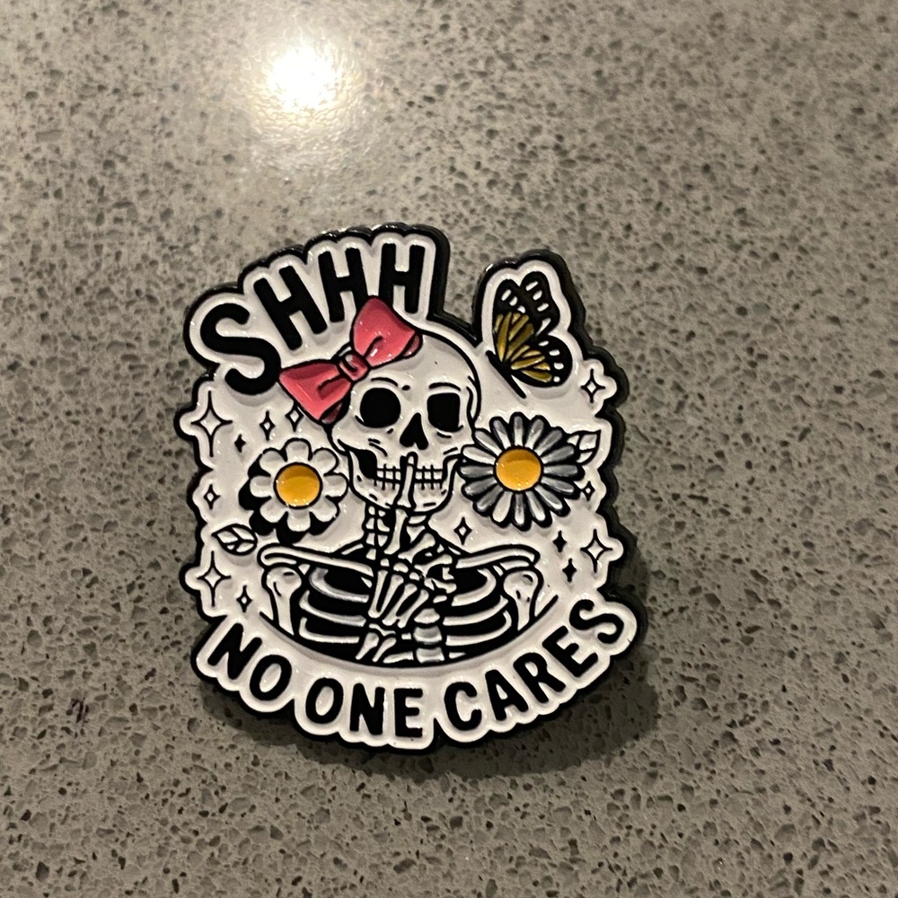 Skeleton Enamel Pin with Pink Bow